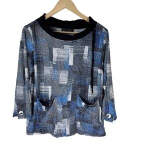Carine Block Print Drawstring Neck Black/White/Blue‎ Top Sz M